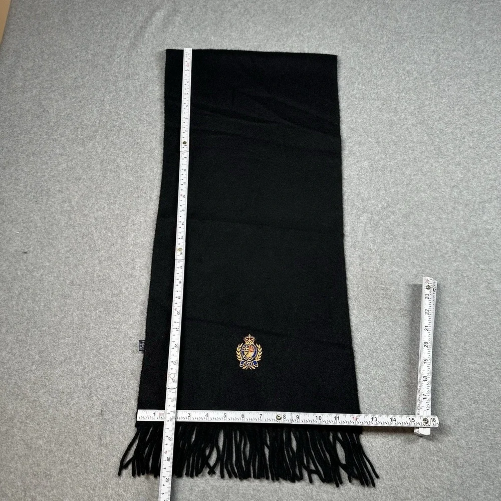Polo Ralph Lauren 100% Cashmere Black Scarf Crest‎ Logo Made Germany 54 X 12 VTG